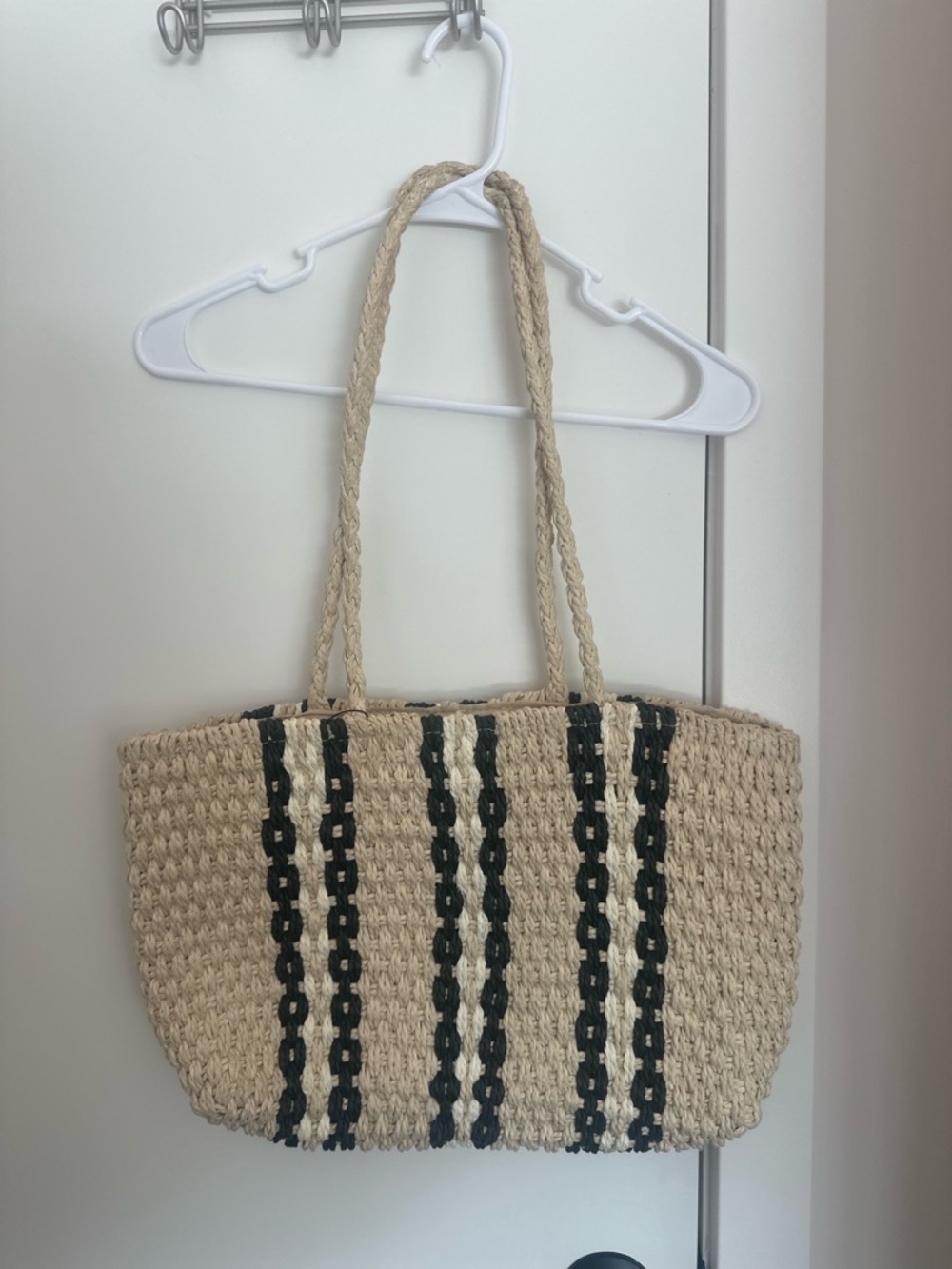 Woven Straw Tote Bag with Black Stripe Detail